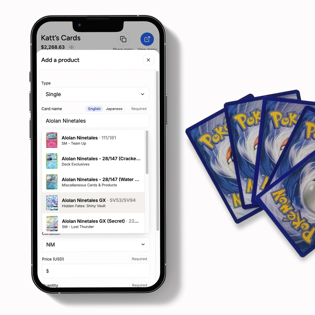 Add a product sheet on a phone, showing card name search with English and Japanese options.