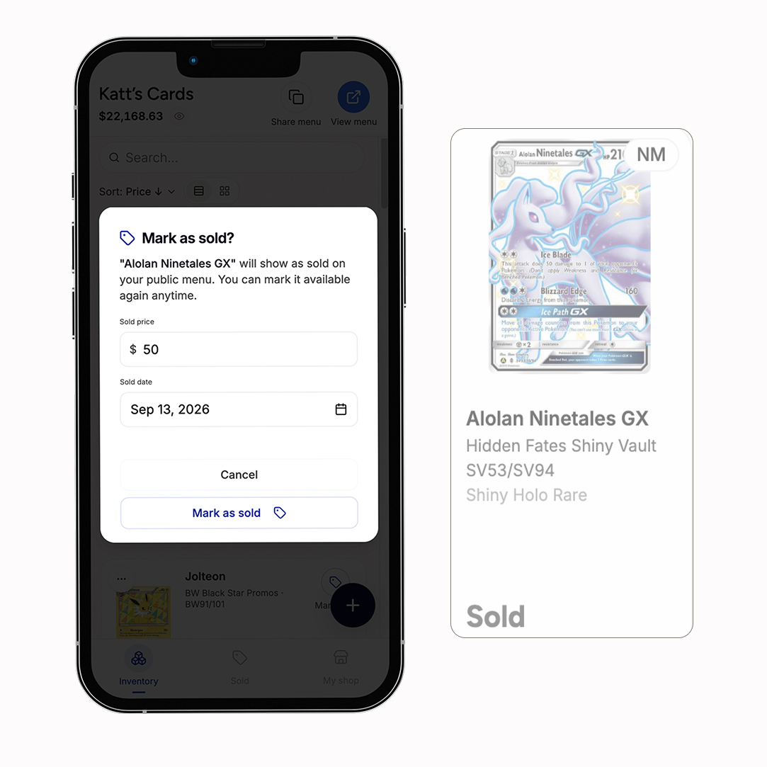 Mark as sold confirmation on a phone with a sold card detail beside it.