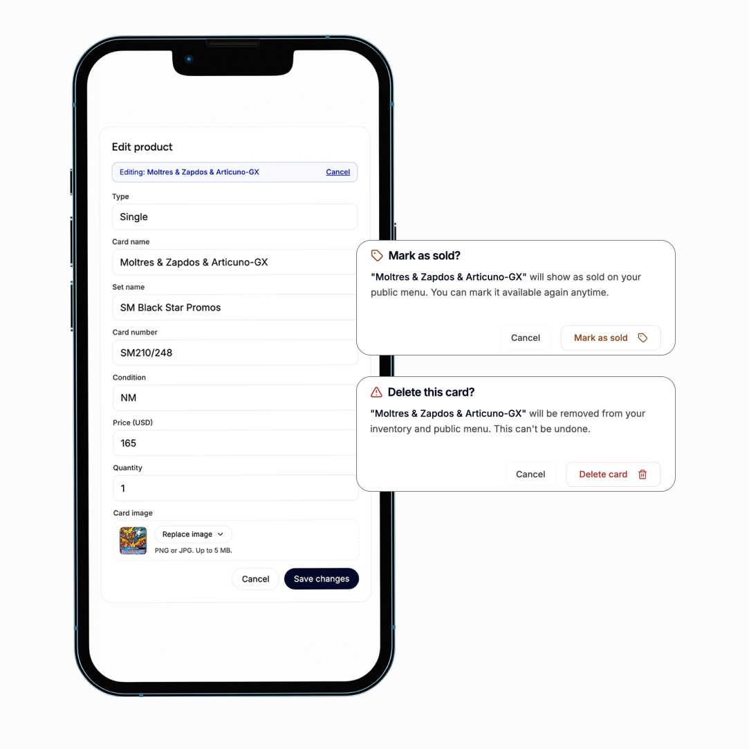 Edit product screen with mark as sold and delete confirmations