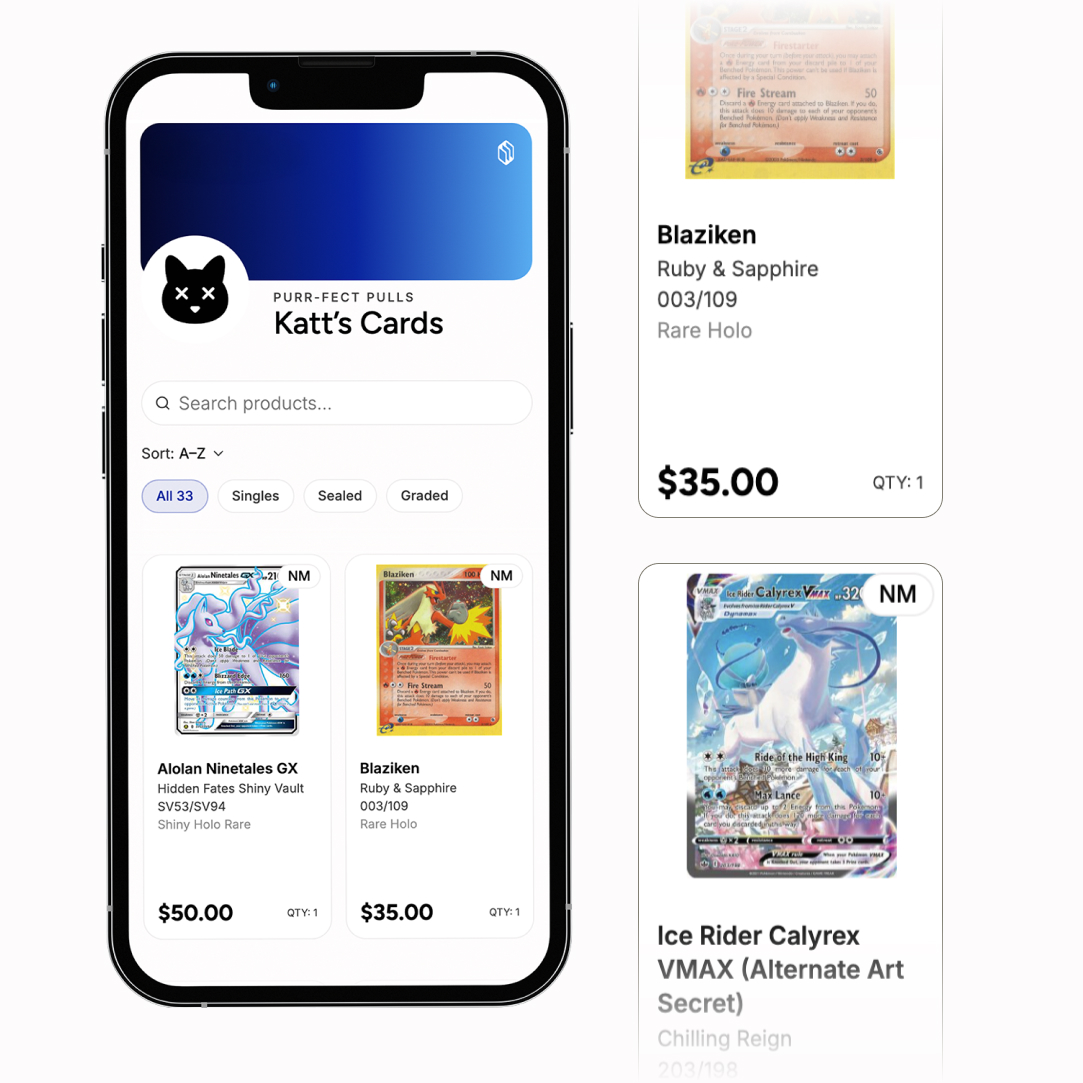 Buyer menu on a phone showing a shop header, search bar, type filters and several product cards.