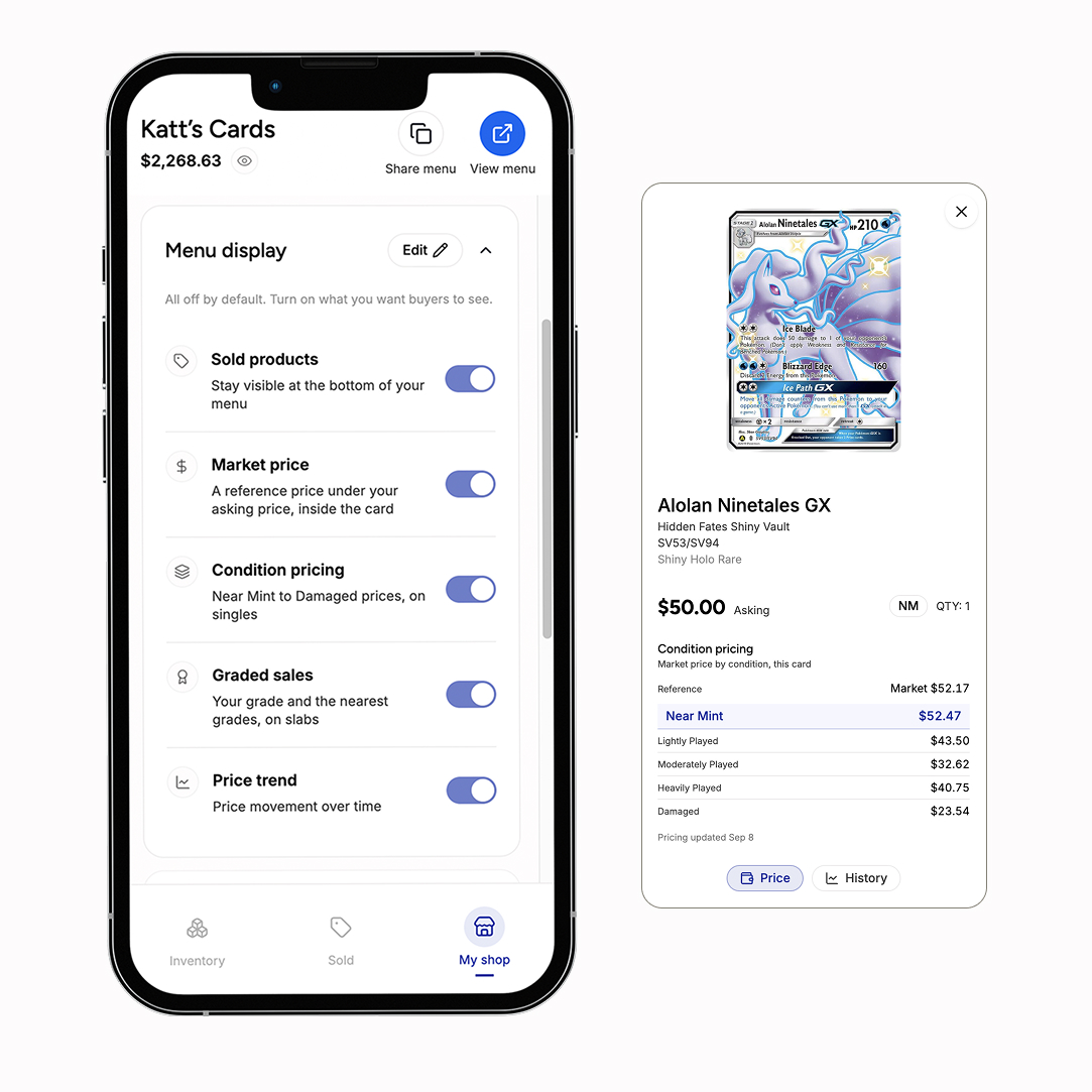 Menu display settings toggles and a buyer card detail with condition pricing visible.